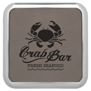 3 5/8" x 3 5/8" Square Gray Laserable Leatherette Coaster w/Silver Edge