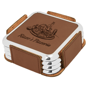 3 5/8" x 3 5/8" Dark Brown with Silver Edge Square Leatherette Coaster Set