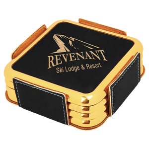 3 5/8" x 3 5/8" Black/Gold w/Gold Edge Square Laserable Leatherette Coaster Set