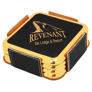 3 5/8" x 3 5/8" Black/Gold w/Gold Edge Square Laserable Leatherette Coaster Set