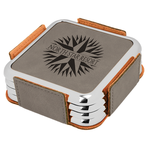3 5/8" x 3 5/8" Gray with Silver Edge Square Leatherette Coaster Set