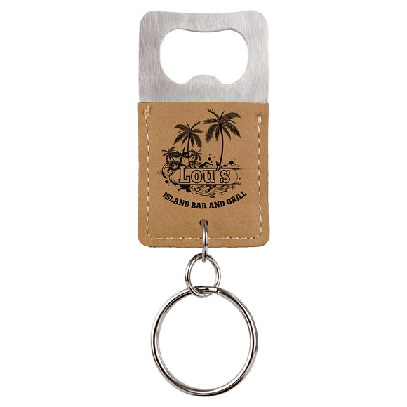 Rectangle Light Brown Laserable Leatherette Bottle Opener Keychain