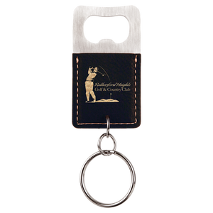 Rectangle Black/Gold Laserable Leatherette Bottle Opener Keychain