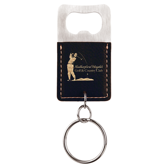 Rectangle Black/Gold Laserable Leatherette Bottle Opener Keychain