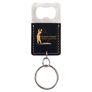Rectangle Black/Gold Laserable Leatherette Bottle Opener Keychain