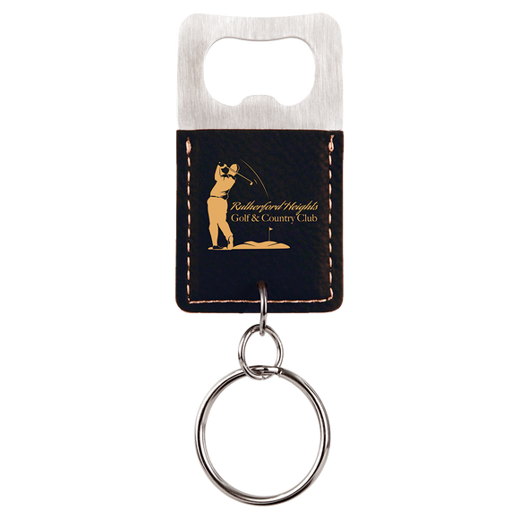 Rectangle Black/Gold Laserable Leatherette Bottle Opener Keychain