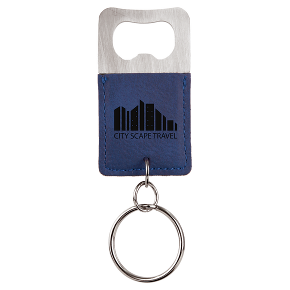Rectangle Blue Laserable Leatherette Bottle Opener Keychain