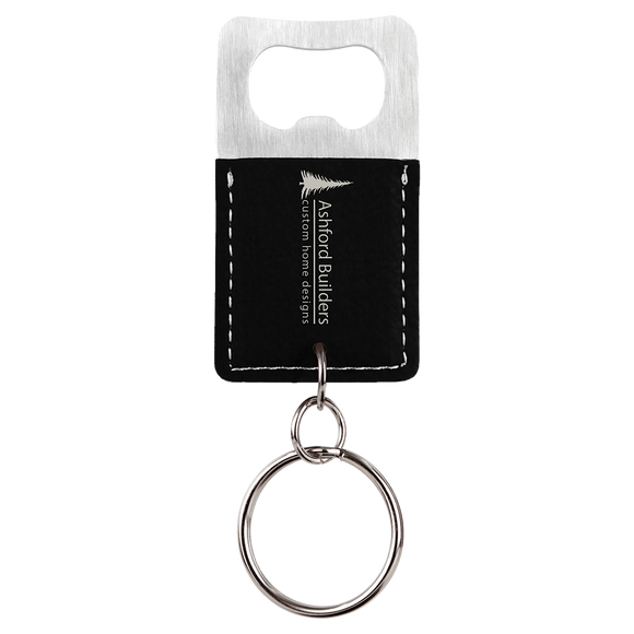 Rectangle Black/Silver Laserable Leatherette Bottle Opener Keychain