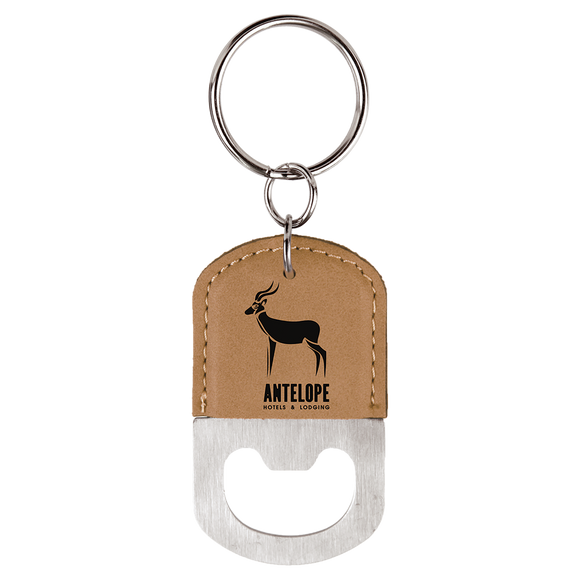 Oval Light Brown Laserable Leatherette Bottle Opener Keychain