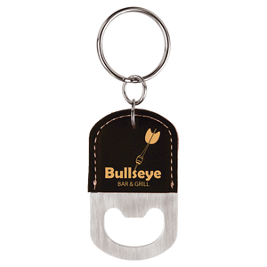 Oval Black/Gold Laserable Leatherette Bottle Opener Keychain