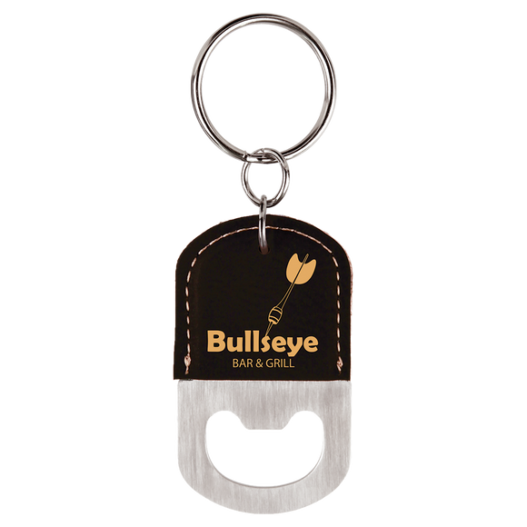 Oval Black/Gold Laserable Leatherette Bottle Opener Keychain