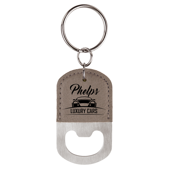 Oval Gray Laserable Leatherette Bottle Opener Keychain