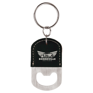 Oval Black/Silver Laserable Leatherette Bottle Opener Keychain
