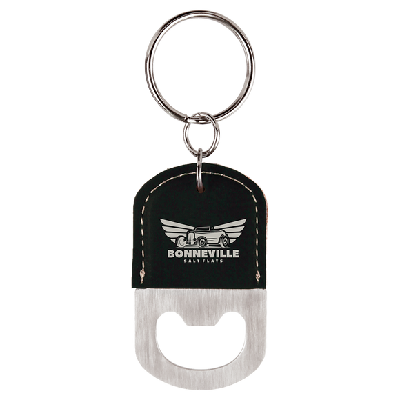 Oval Black/Silver Laserable Leatherette Bottle Opener Keychain
