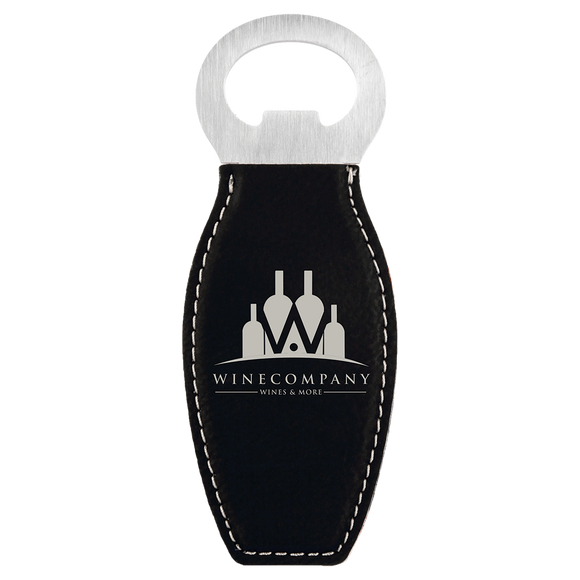 Black/Silver Laserable Leatherette Bottle Opener with Magnet