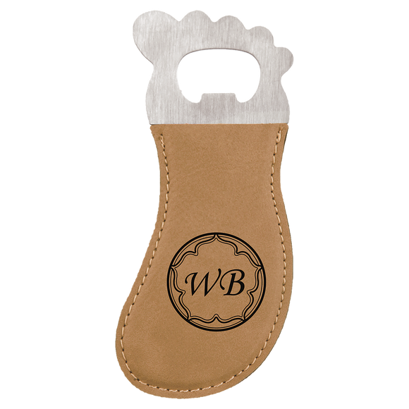 Light Brown Laserable Leatherette Foot Shaped Bottle Opener with Magnet
