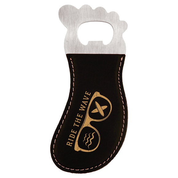 Black/Gold Laserable Leatherette Foot Shaped Bottle Opener with Magnet