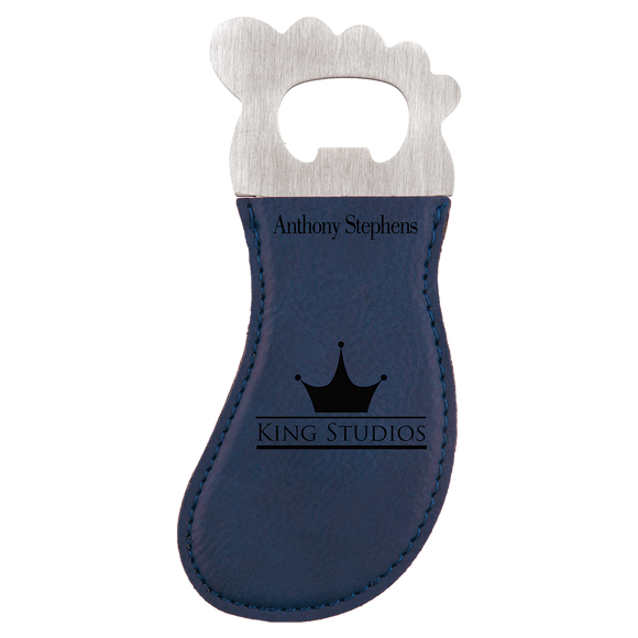Blue Laserable Leatherette Foot Shaped Bottle Opener with Magnet