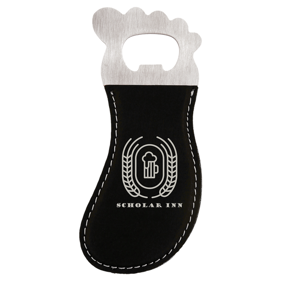 Black/Silver Laserable Leatherette Foot Shaped Bottle Opener with Magnet