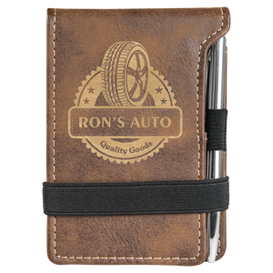 3 1/4" x 4 3/4" Rustic/Gold Laserable Leatherette Mini Notepad with Pen