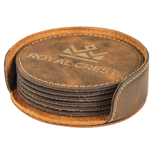 4" Rustic/Gold Round Laserable Leatherette 6-Coaster Set