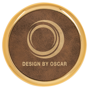 3 5/8" Round Rustic/Gold Laserable Leatherette Coaster w/ Gold Edge