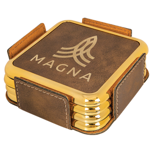 3 5/8" x 3 5/8" Rustic/Gold with Gold Edge Square Leatherette Coaster Set
