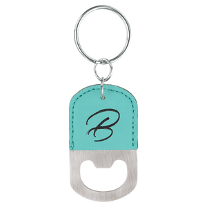 Oval Teal Laserable Leatherette Bottle Opener Keychain