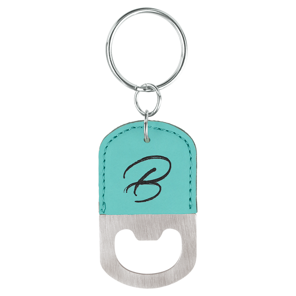 Oval Teal Laserable Leatherette Bottle Opener Keychain