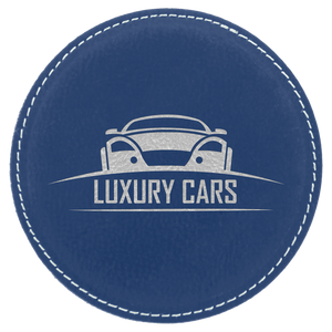 4" Round Blue/Silver Laserable Leatherette Coaster