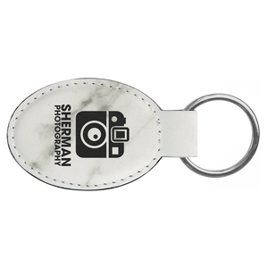 3" x 1 3/4" White Marble Laserable Leatherette Oval Keychain