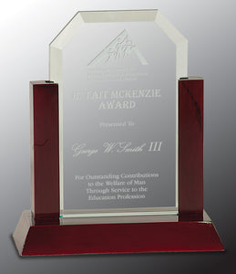 7" Jade Clip Corner Glass Award with Rosewood Finish Base