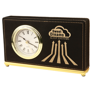 7 1/2" x 4 1/2" Black/Gold Laserable Leatherette Horizontal Desk Clock