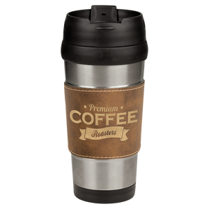 16 oz. Rustic/Gold Laserable Leatherette Stainless Steel Travel Mug