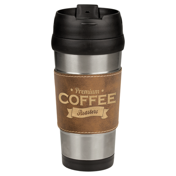 16 oz. Rustic/Gold Laserable Leatherette Stainless Steel Travel Mug