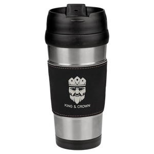 16 oz. Black/Silver Laserable Leatherette Stainless Steel Travel Mug