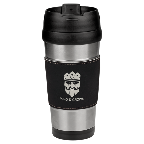 16 oz. Black/Silver Laserable Leatherette Stainless Steel Travel Mug