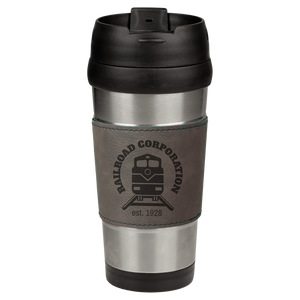 16 oz. Gray Laserable Leatherette Stainless Steel Travel Mug