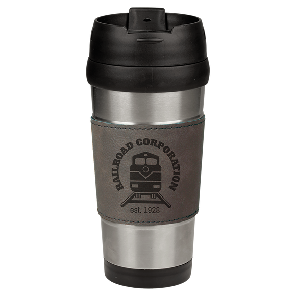 16 oz. Gray Laserable Leatherette Stainless Steel Travel Mug