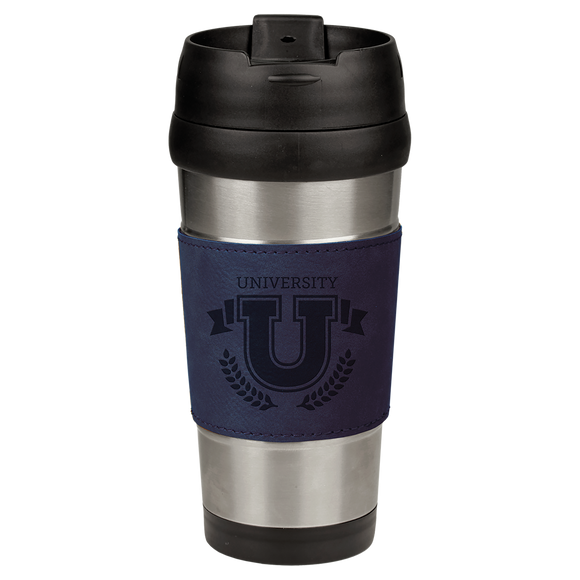 16 oz. Blue Laserable Leatherette Stainless Steel Travel Mug