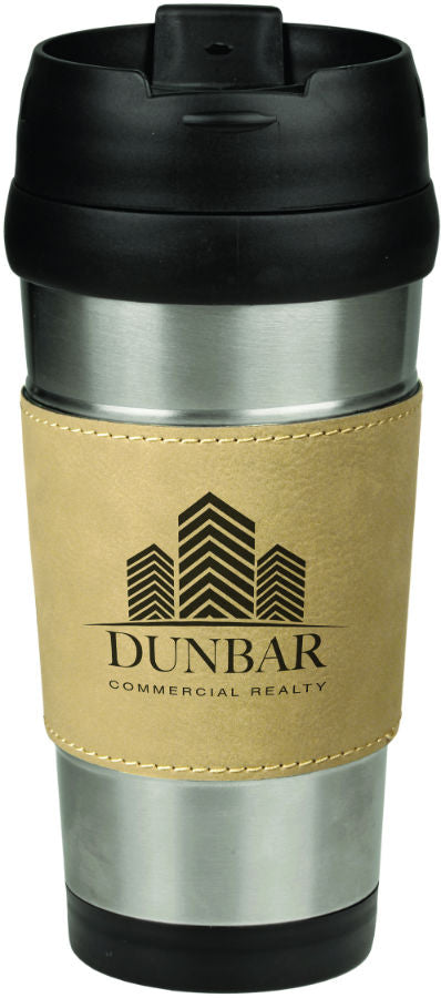 16 oz. Light Brown Laserable Leatherette Stainless Steel Travel Mug
