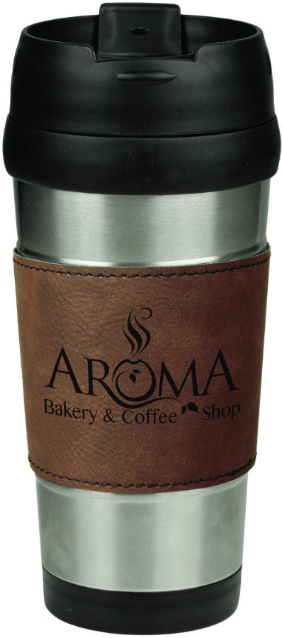 16 oz. Dark Brown Laserable Leatherette Stainless Steel Travel Mug