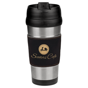 16 oz. Black/Gold Laserable Leatherette Stainless Steel Travel Mug