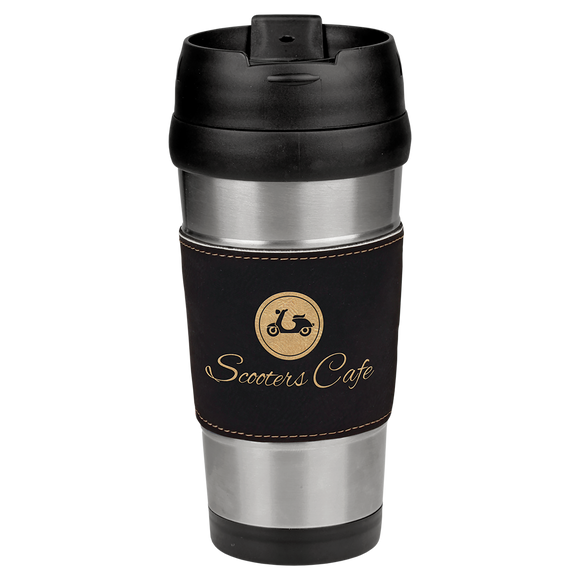 16 oz. Black/Gold Laserable Leatherette Stainless Steel Travel Mug