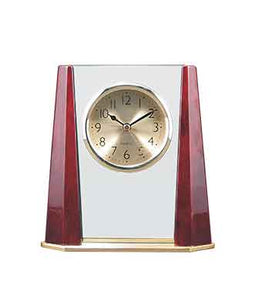 7" Glass Desk Clock with Rosewood Finish Bevel Columns