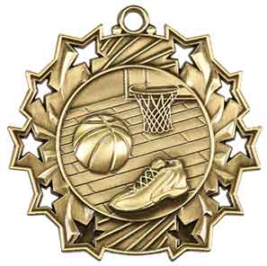 2 1/4" Antique Gold Basketball Ten Star Medal