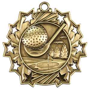 2 1/4" Antique Gold Golf Ten Star Medal