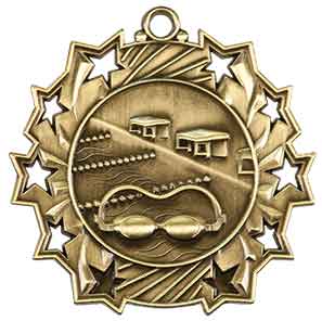 2 1/4" Antique Gold Swimming Ten Star Medal