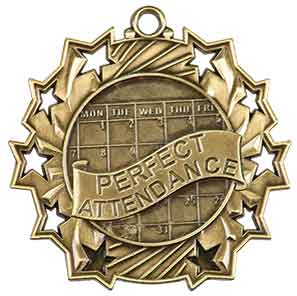 2 1/4" Antique Gold Perfect Attendance Ten Star Medal