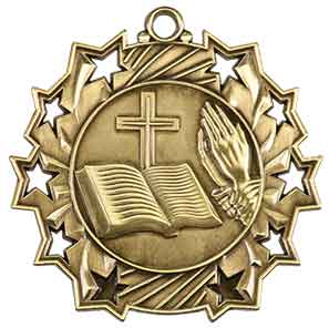 2 1/4" Antique Gold Religious Ten Star Medal